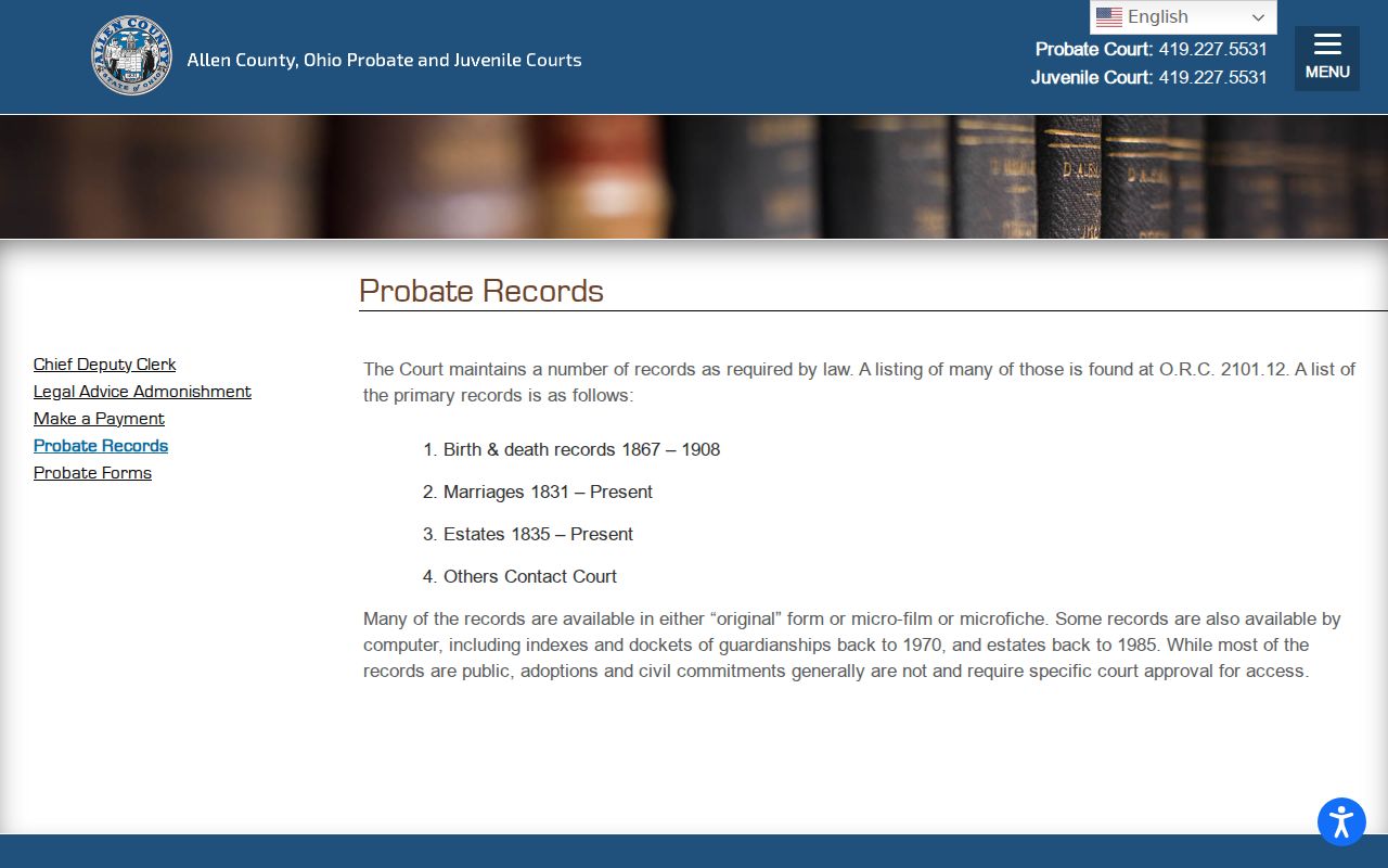 Allen County Probate Court records information page