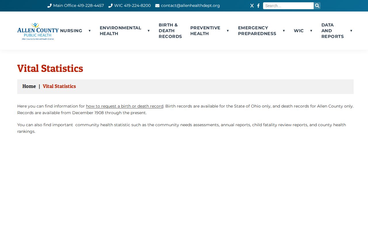 Allen County Public Health Vital Statistics information page