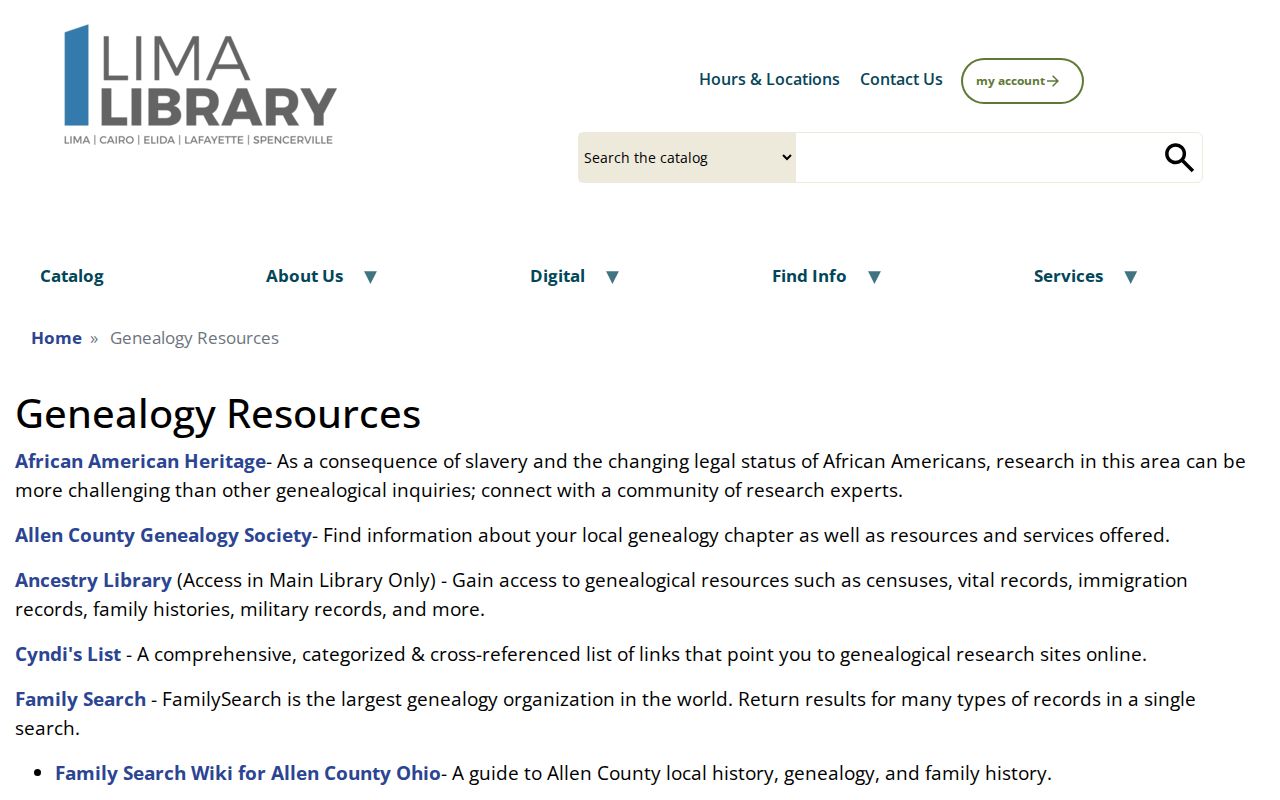 Lima Public Library genealogy resources page