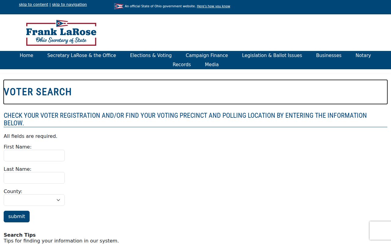 Ohio Voter Lookup form for a targeted voter registration search