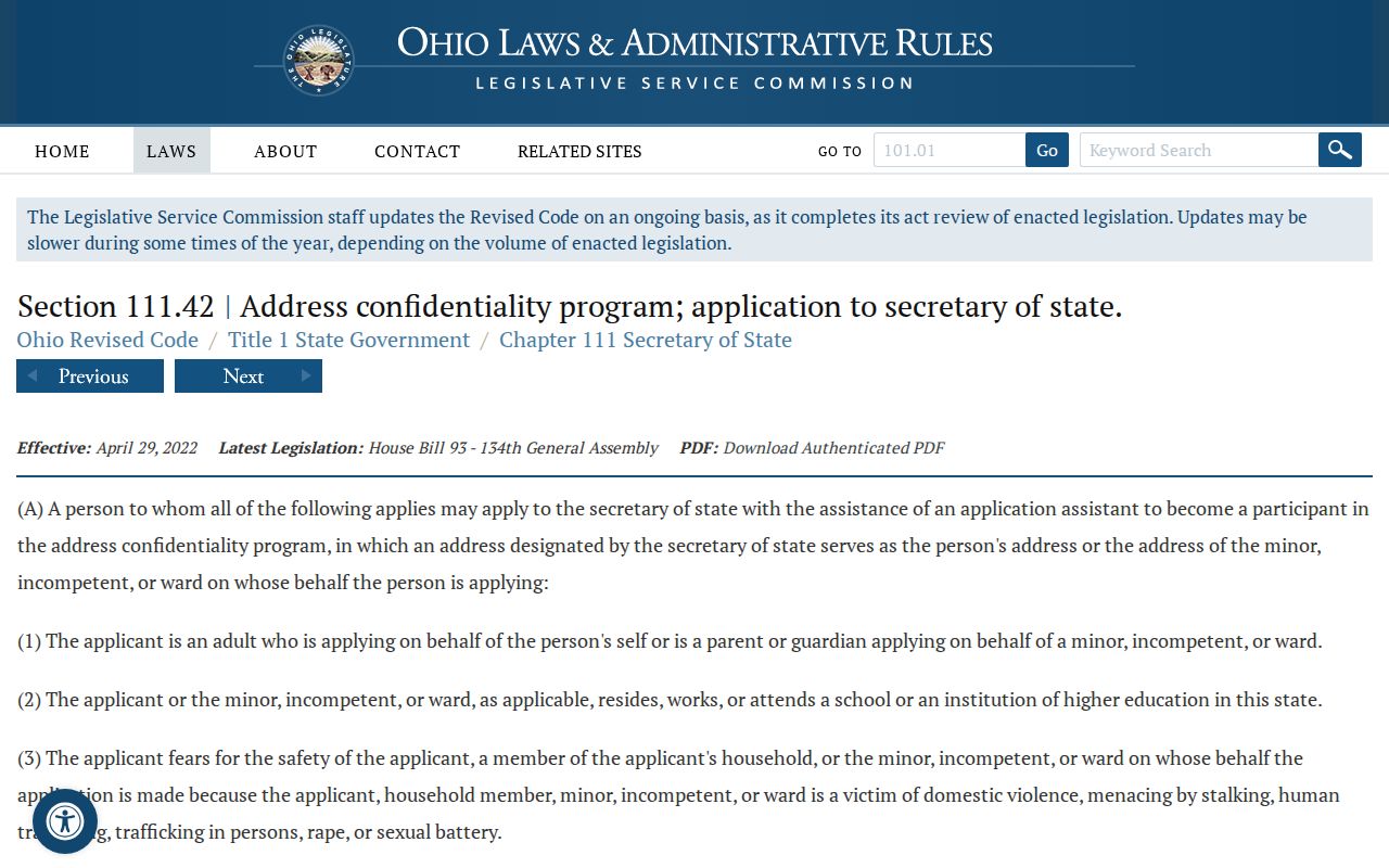 Ohio Safe at Home address confidentiality statute page