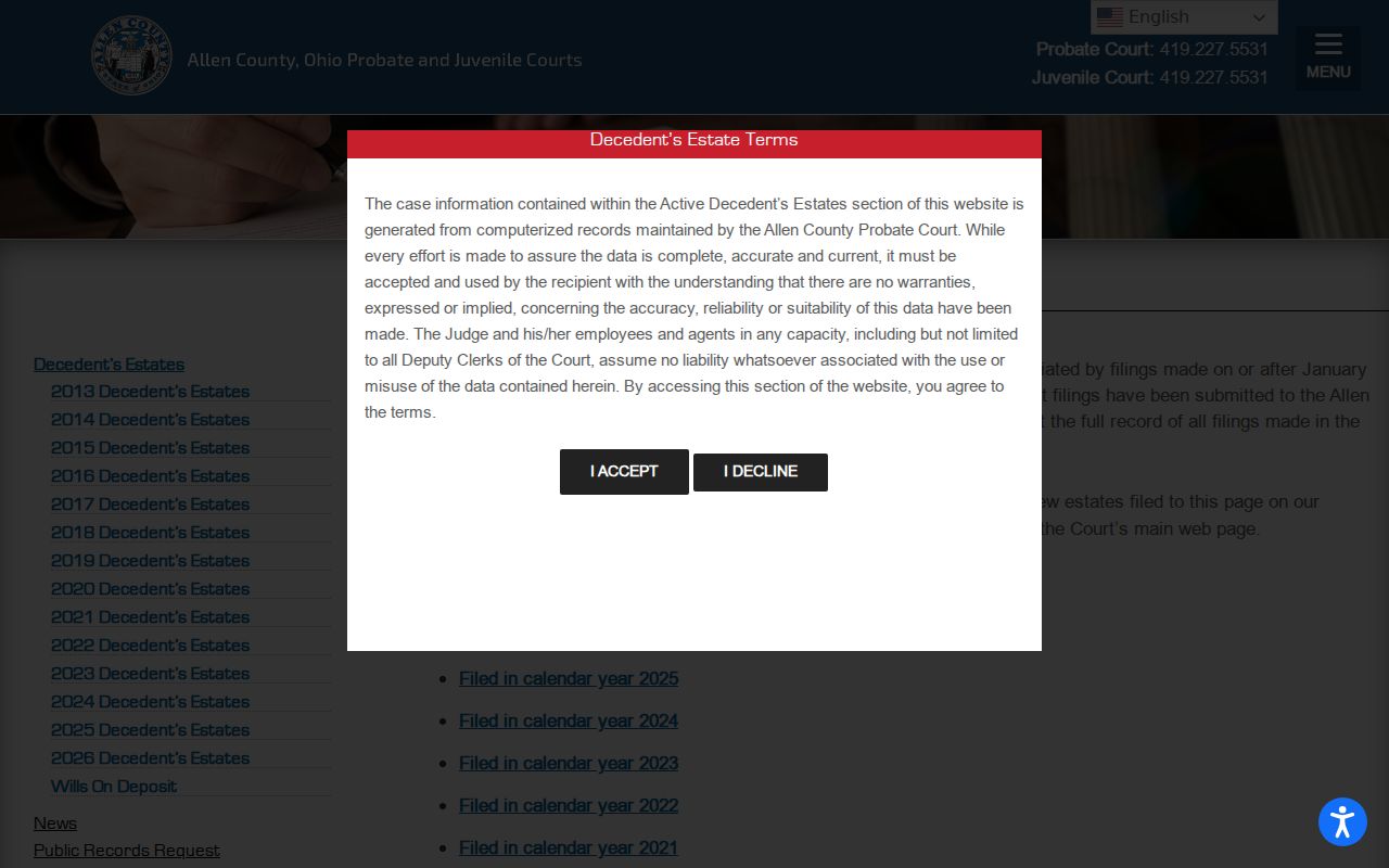 Allen County Probate Court decedents and estates information page