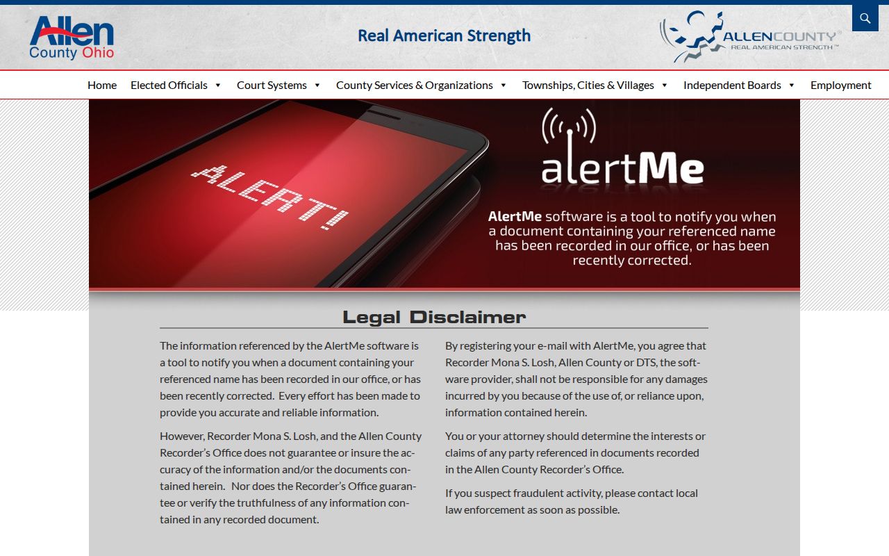 Allen County Recorder AlertMe property-recording alert page