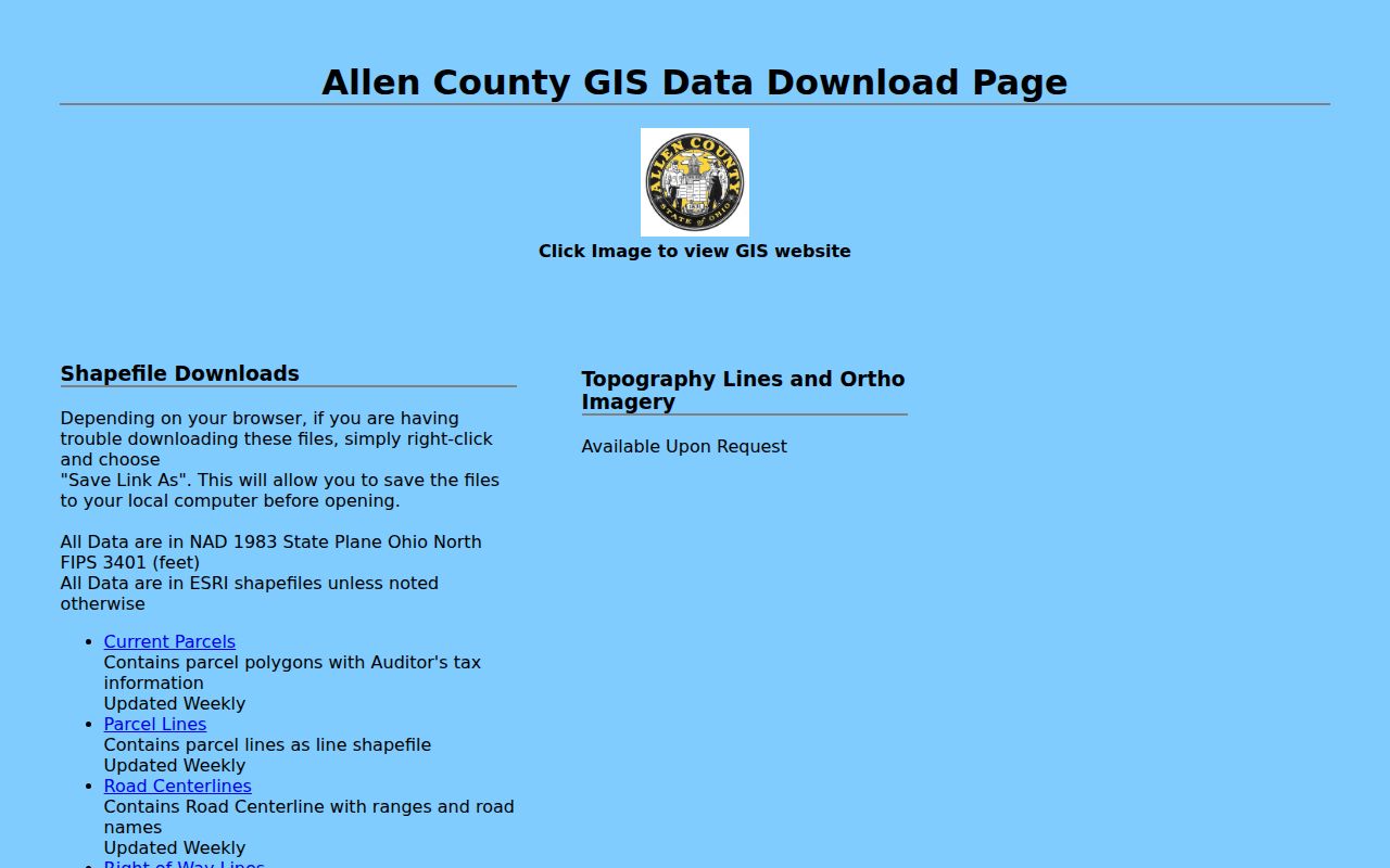 Allen County GIS downloads page for parcels, address points, and road centerlines