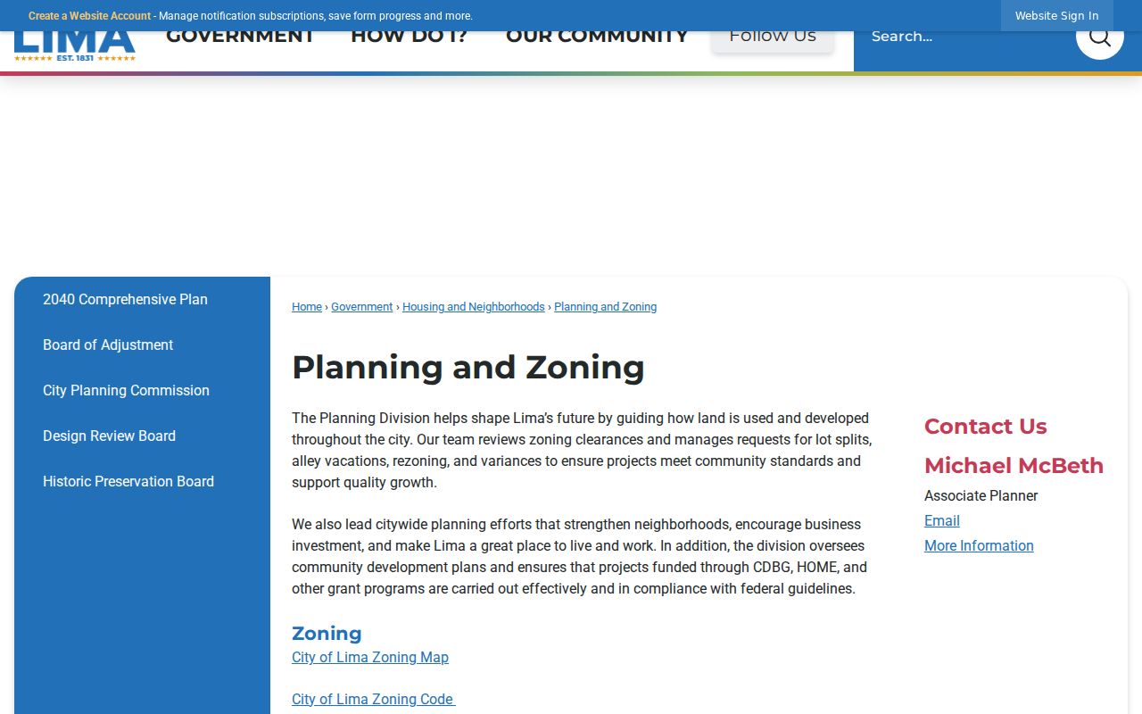 City of Lima Planning and Zoning department page