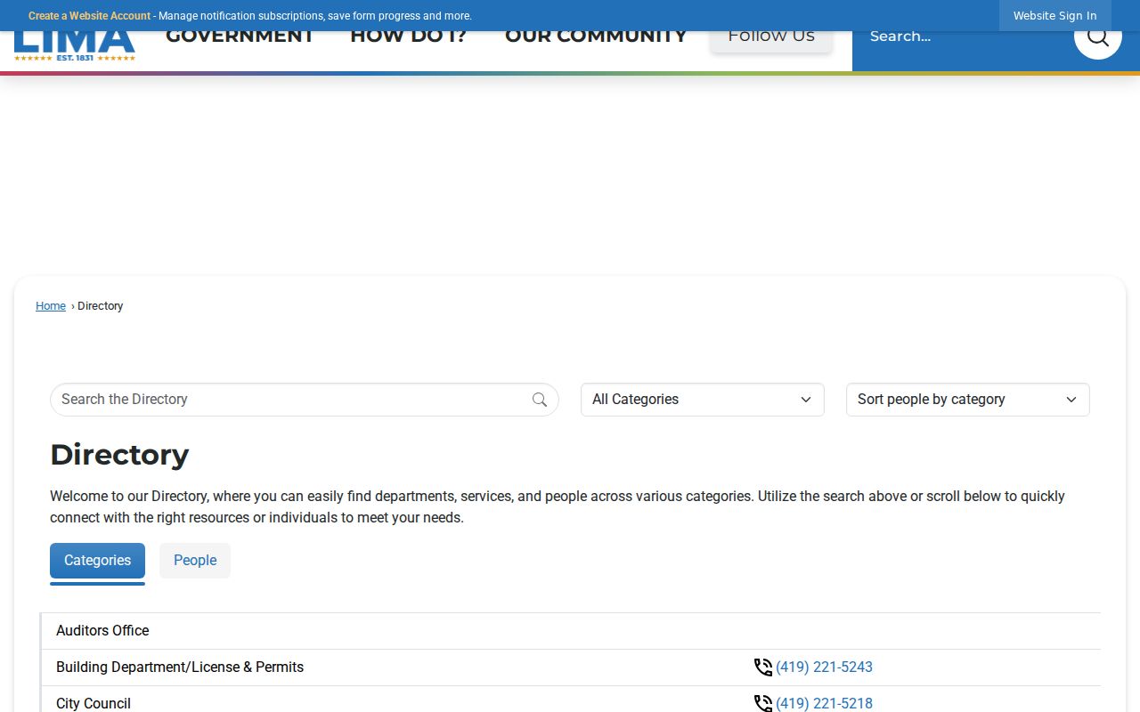 City of Lima department directory for municipal contacts
