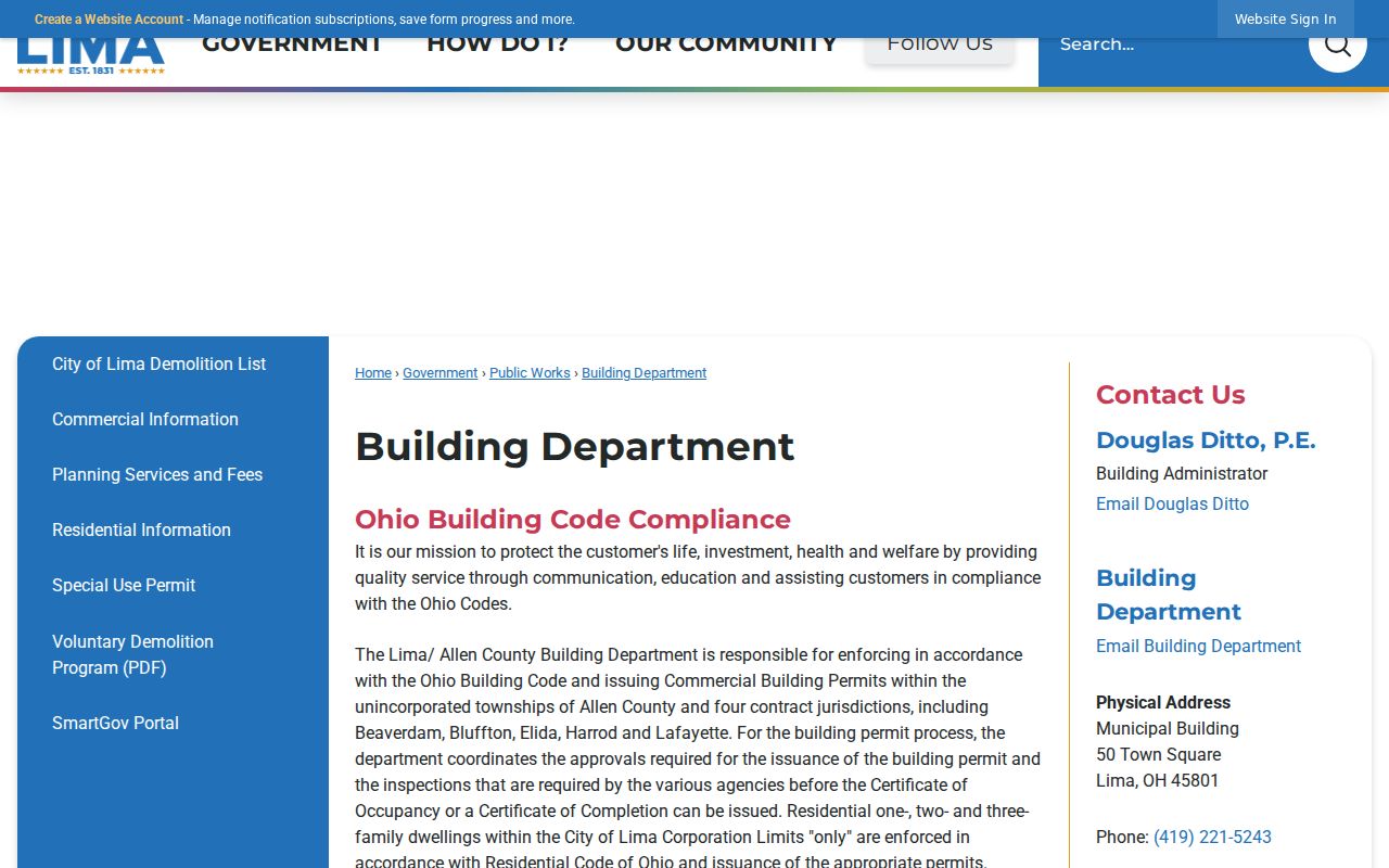 City of Lima Building Department page with SmartGov applications