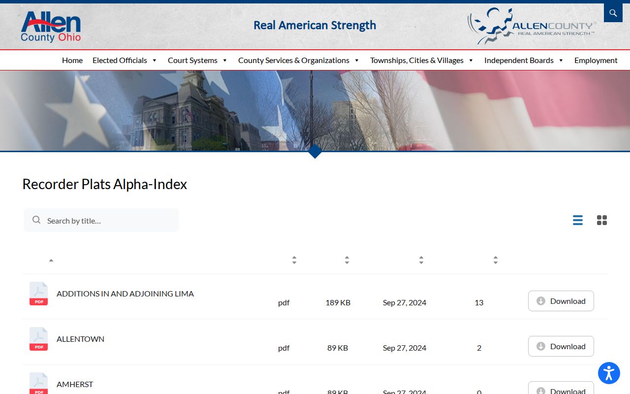 Allen County Recorder alpha index for plats and Lima additions