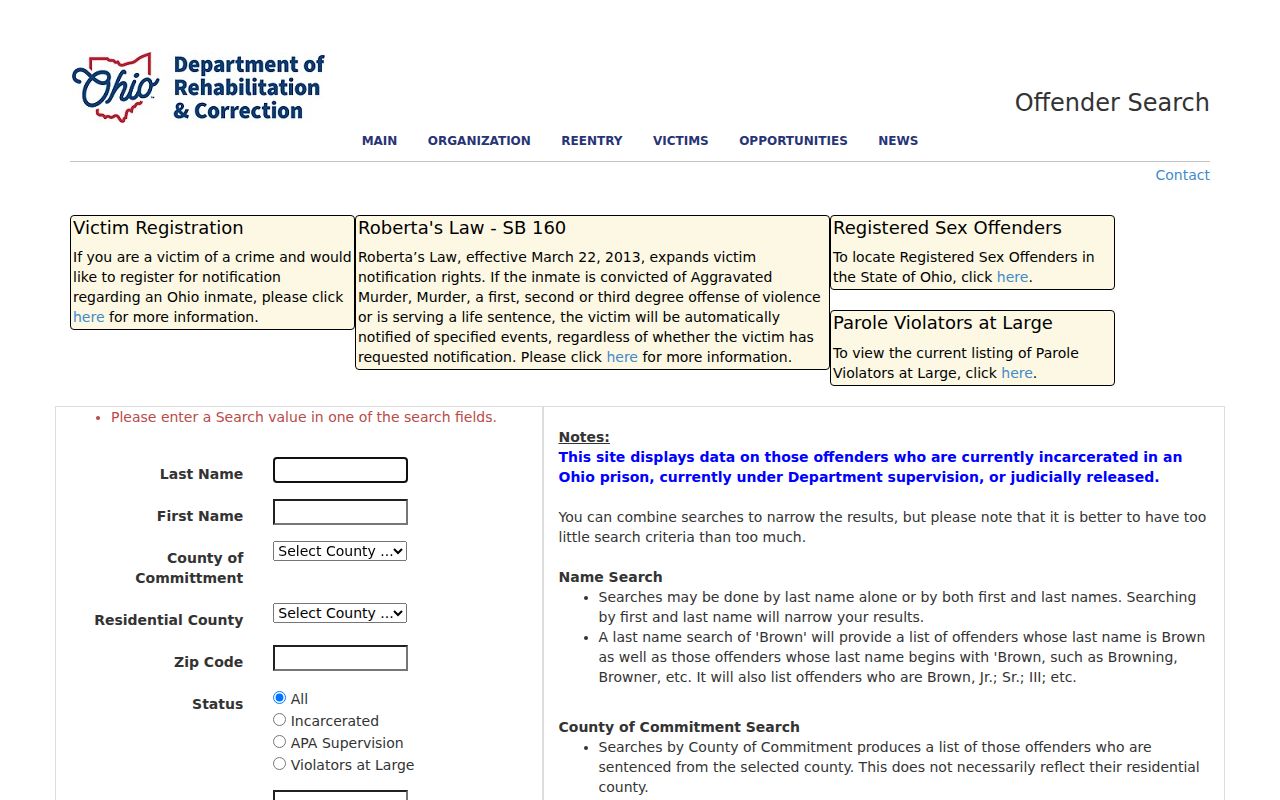 Lima ZIP code directory Ohio DRC ZIP search field